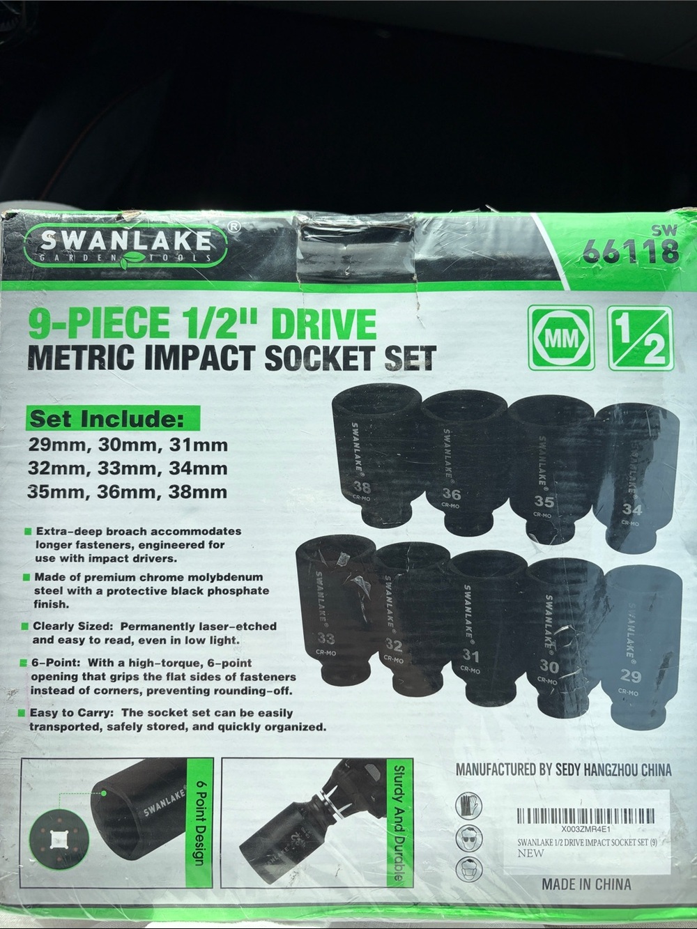 Swan lake garden supplies 9-Piece 1/2" Drive Metric Impact Socket Set - Black